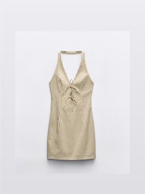 Zara Beige Gingham Halter Lace-Up Mini Dress